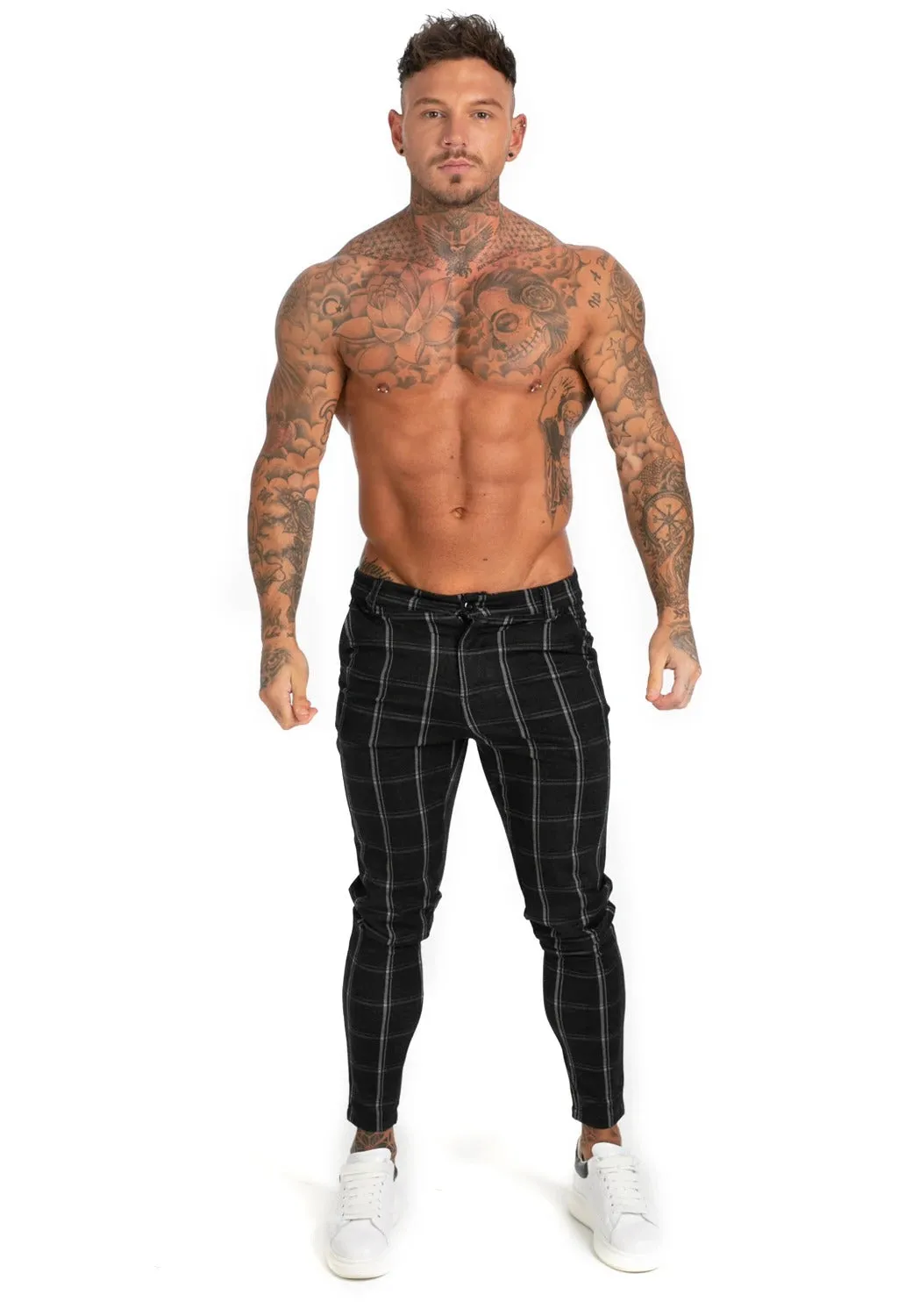 Black Plaid Chinos Steretch