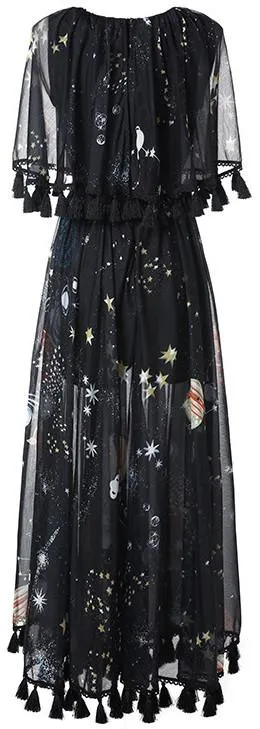 Black Tassel-Trimmed Printed Maxi Dress