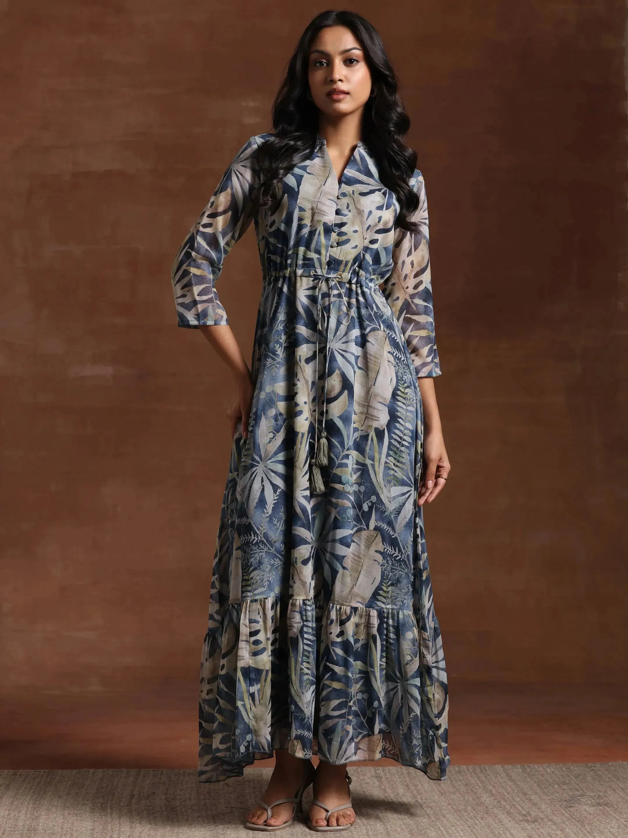 Blue Printed Chiffon A-Line Dress
