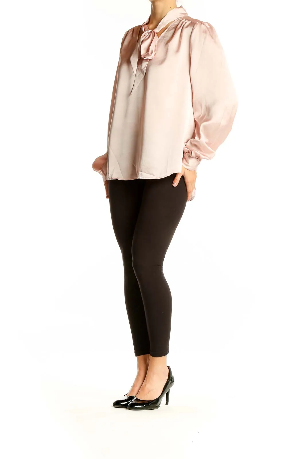 Blush Pink Satin Tie-Neck Blouse