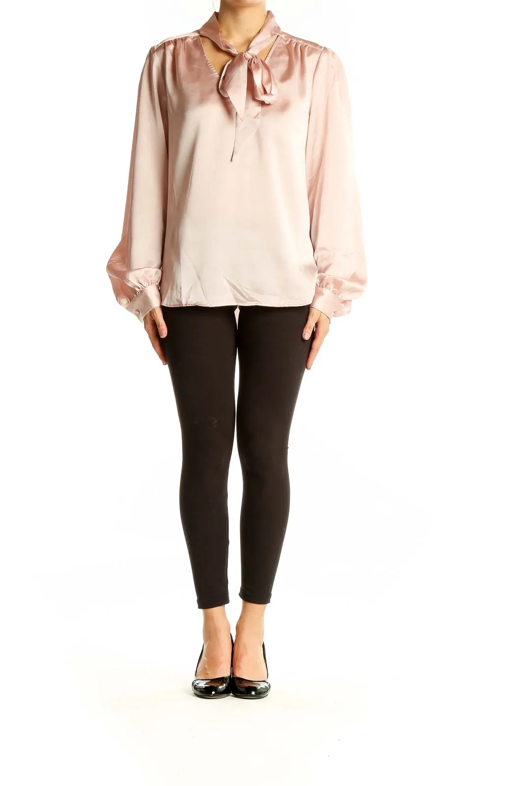 Blush Pink Satin Tie-Neck Blouse