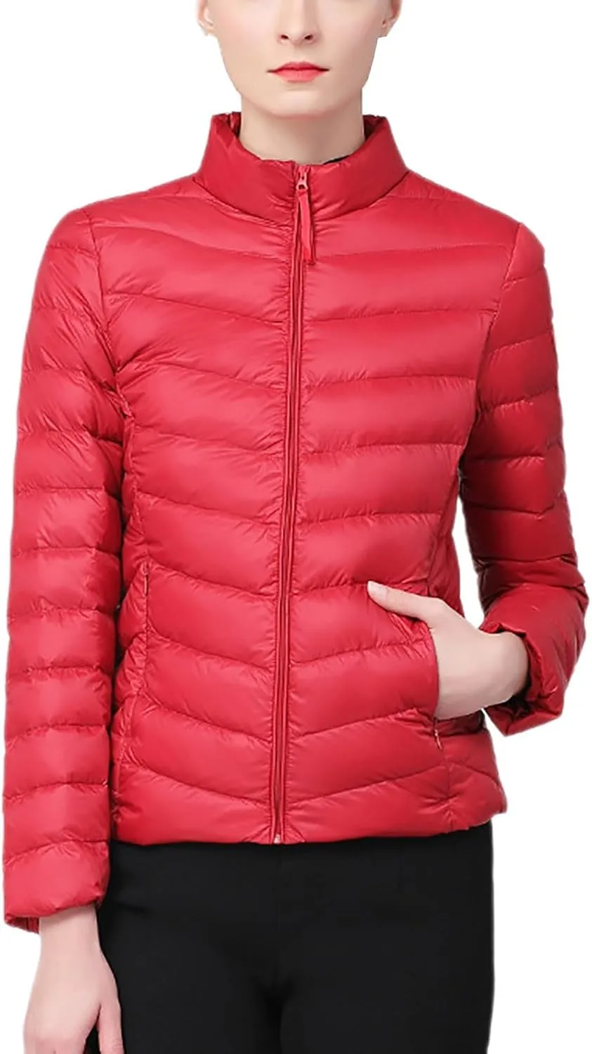 Borniu Women's Lightweight Puffer Jacket Stand Collar Zip Up Quilted Winter Coat Casual Slim Fit Warm Down Jackets