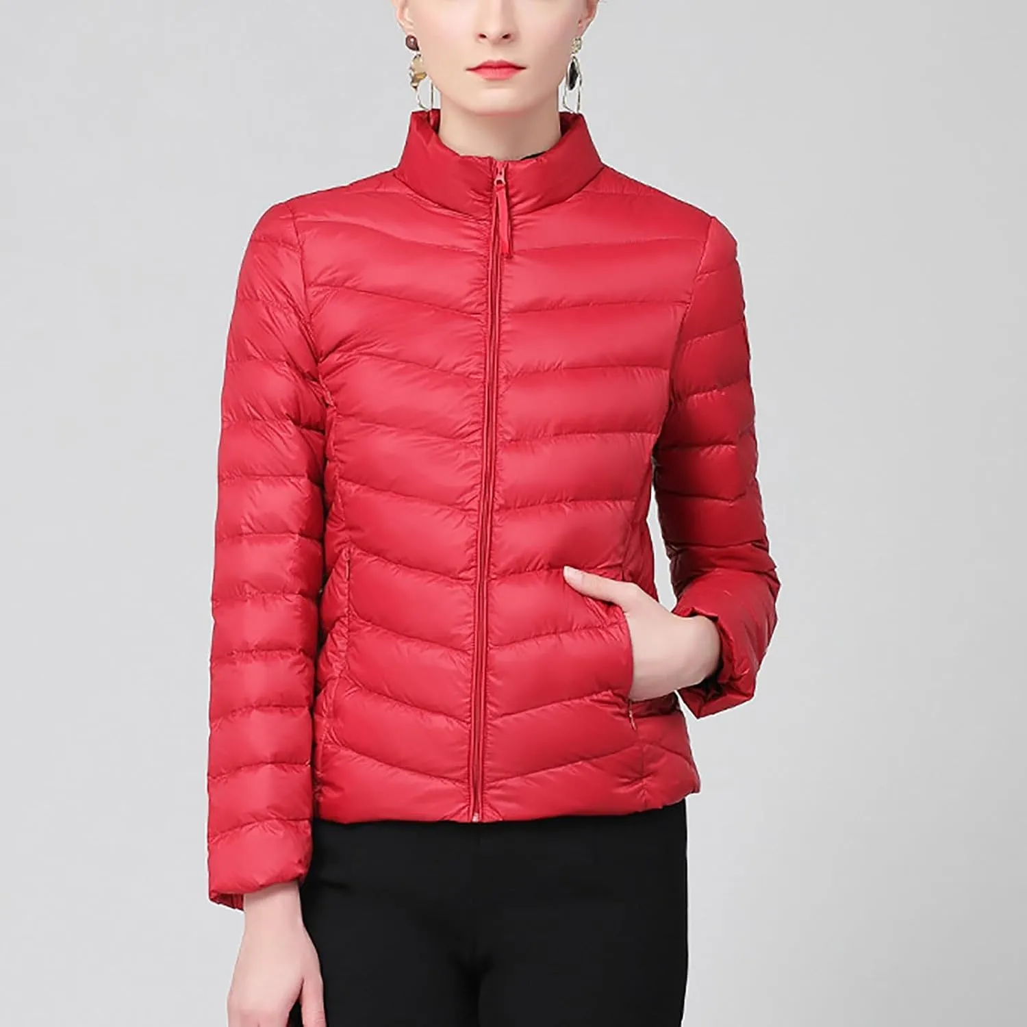 Borniu Women's Lightweight Puffer Jacket Stand Collar Zip Up Quilted Winter Coat Casual Slim Fit Warm Down Jackets