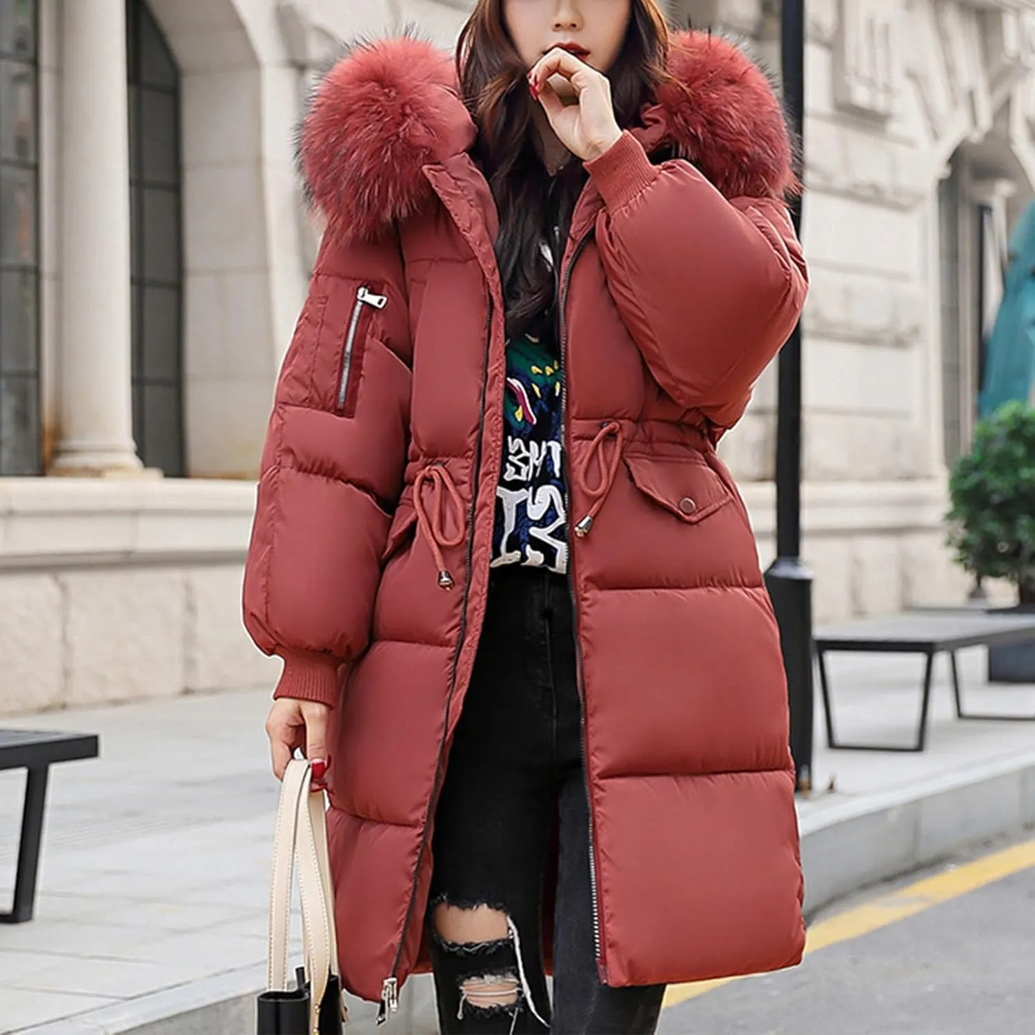 Ceboyel Women Long Puffer Winter Coat Faux Fur Hood Winter Bubble Coats Jacket Trendy Puffy Jackets Warm Outerwear Clothing