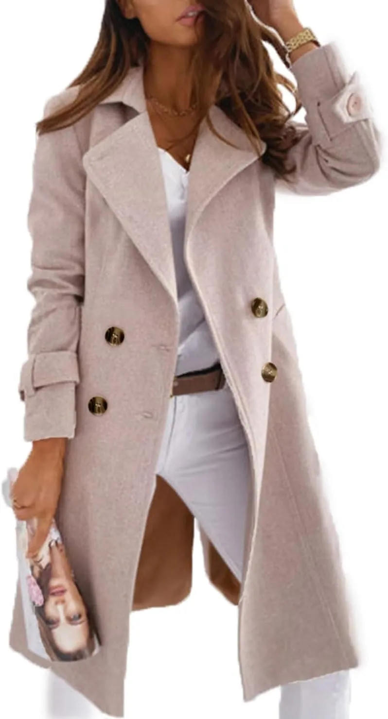 CHARTOU Women Elegant Double Breast Wool Blend Pea Coat Winter Long Coats Jacket Overcoat