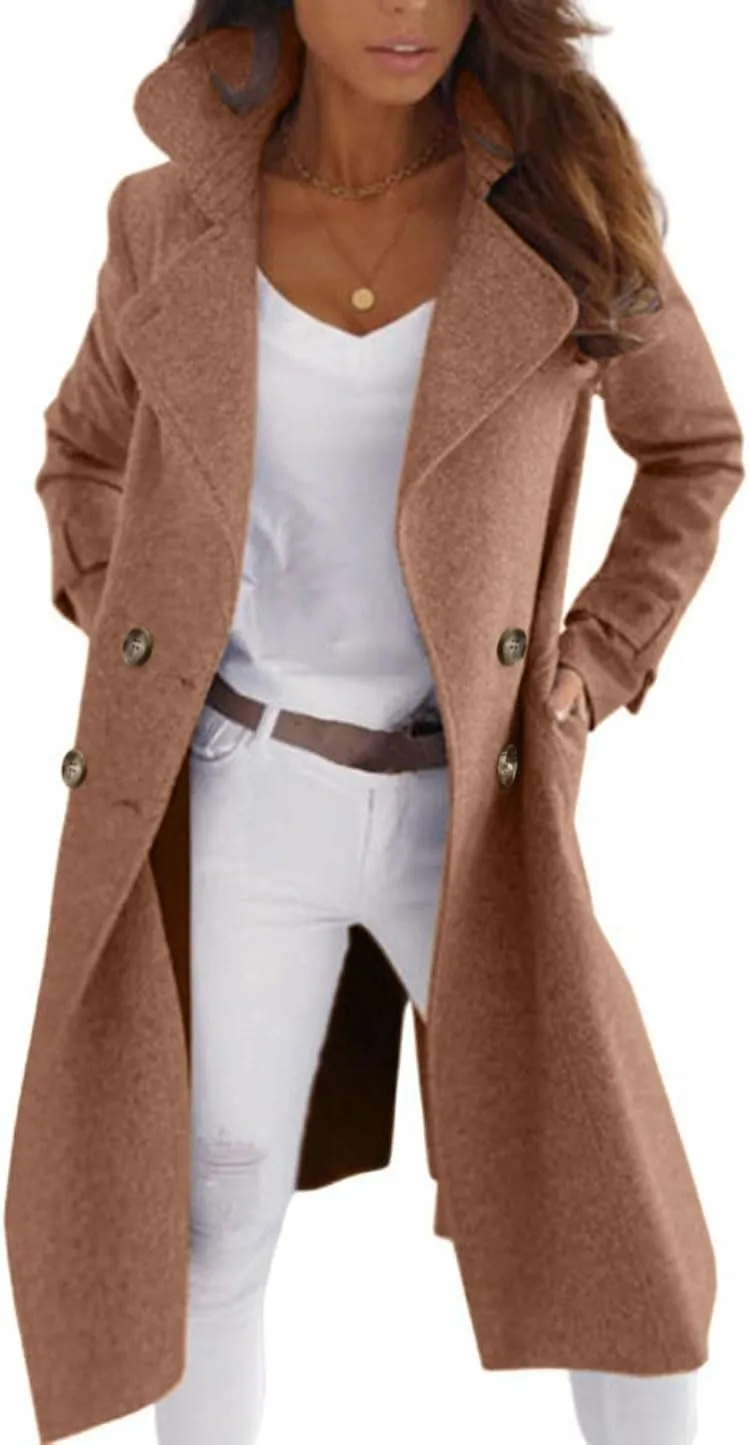 CHARTOU Women Elegant Double Breast Wool Blend Pea Coat Winter Long Coats Jacket Overcoat