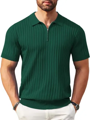 COOFANDY Men's Zipper Polo Shirts Short Sleeve Ribbed Knit Polo T Shirts Fashion Casual Golf Shirts