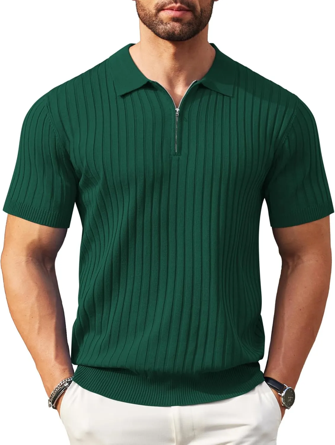 COOFANDY Men's Zipper Polo Shirts Short Sleeve Ribbed Knit Polo T Shirts Fashion Casual Golf Shirts