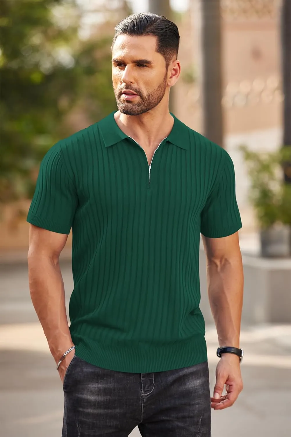 COOFANDY Men's Zipper Polo Shirts Short Sleeve Ribbed Knit Polo T Shirts Fashion Casual Golf Shirts