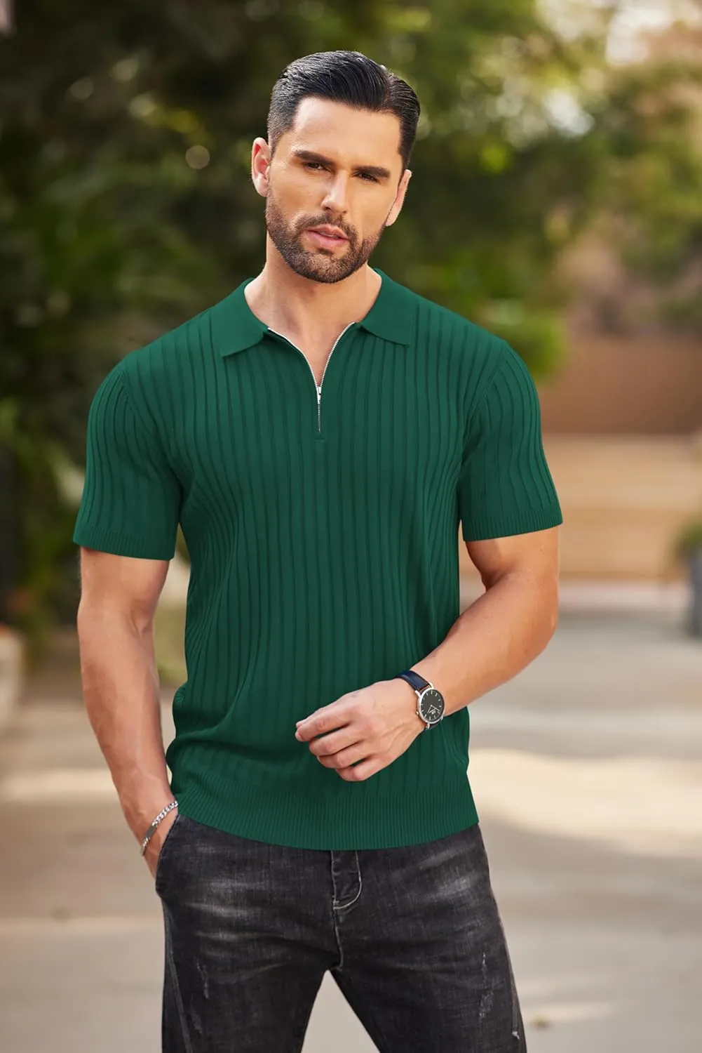 COOFANDY Men's Zipper Polo Shirts Short Sleeve Ribbed Knit Polo T Shirts Fashion Casual Golf Shirts