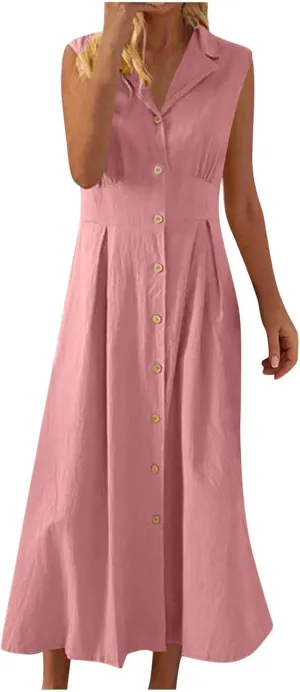 Cotton Linen Dresses for Women 2025 Summer Maxi Sleeveless Dress Button Down Work Dresses Lapel V Neck Lightweight Frocks