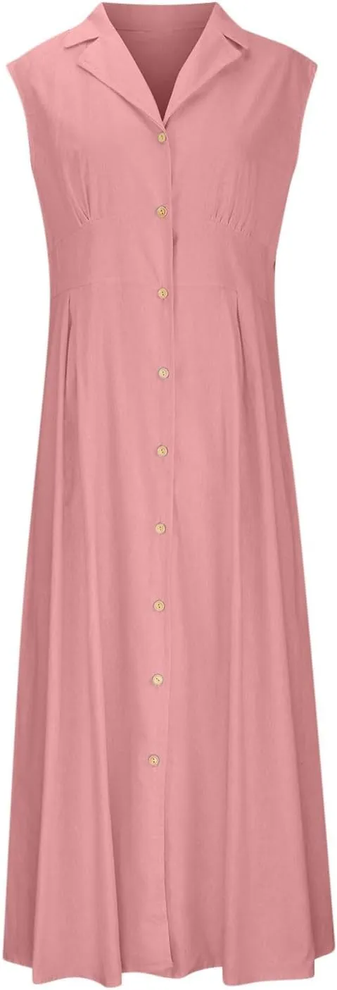Cotton Linen Dresses for Women 2025 Summer Maxi Sleeveless Dress Button Down Work Dresses Lapel V Neck Lightweight Frocks