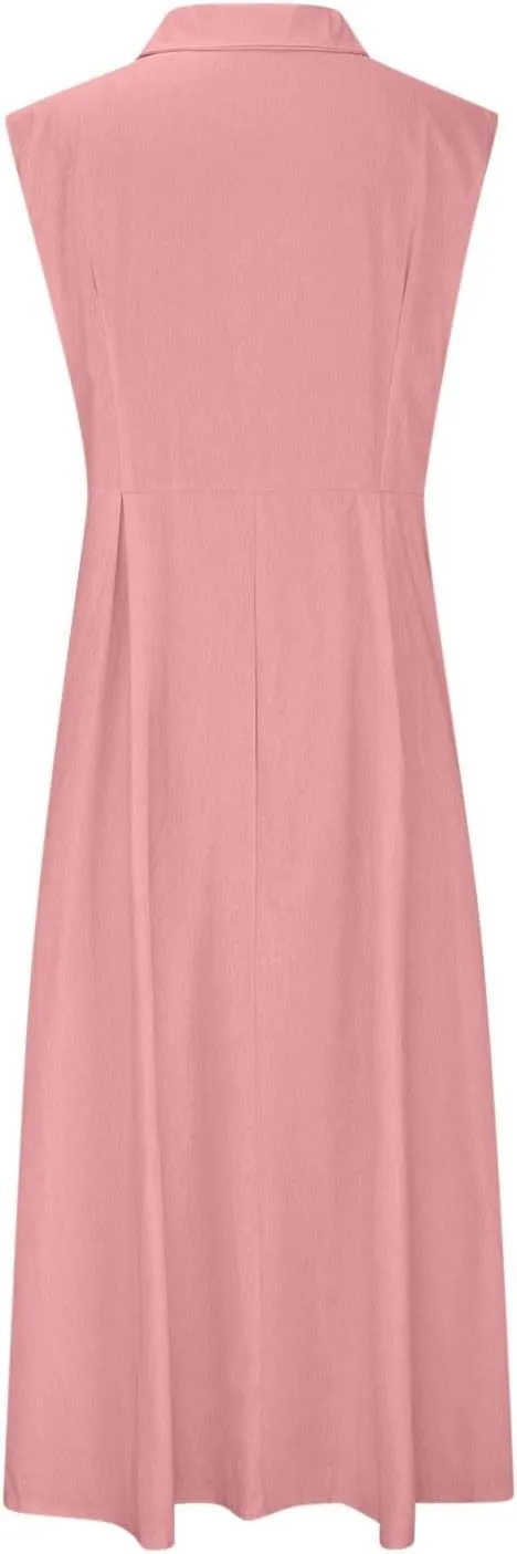 Cotton Linen Dresses for Women 2025 Summer Maxi Sleeveless Dress Button Down Work Dresses Lapel V Neck Lightweight Frocks