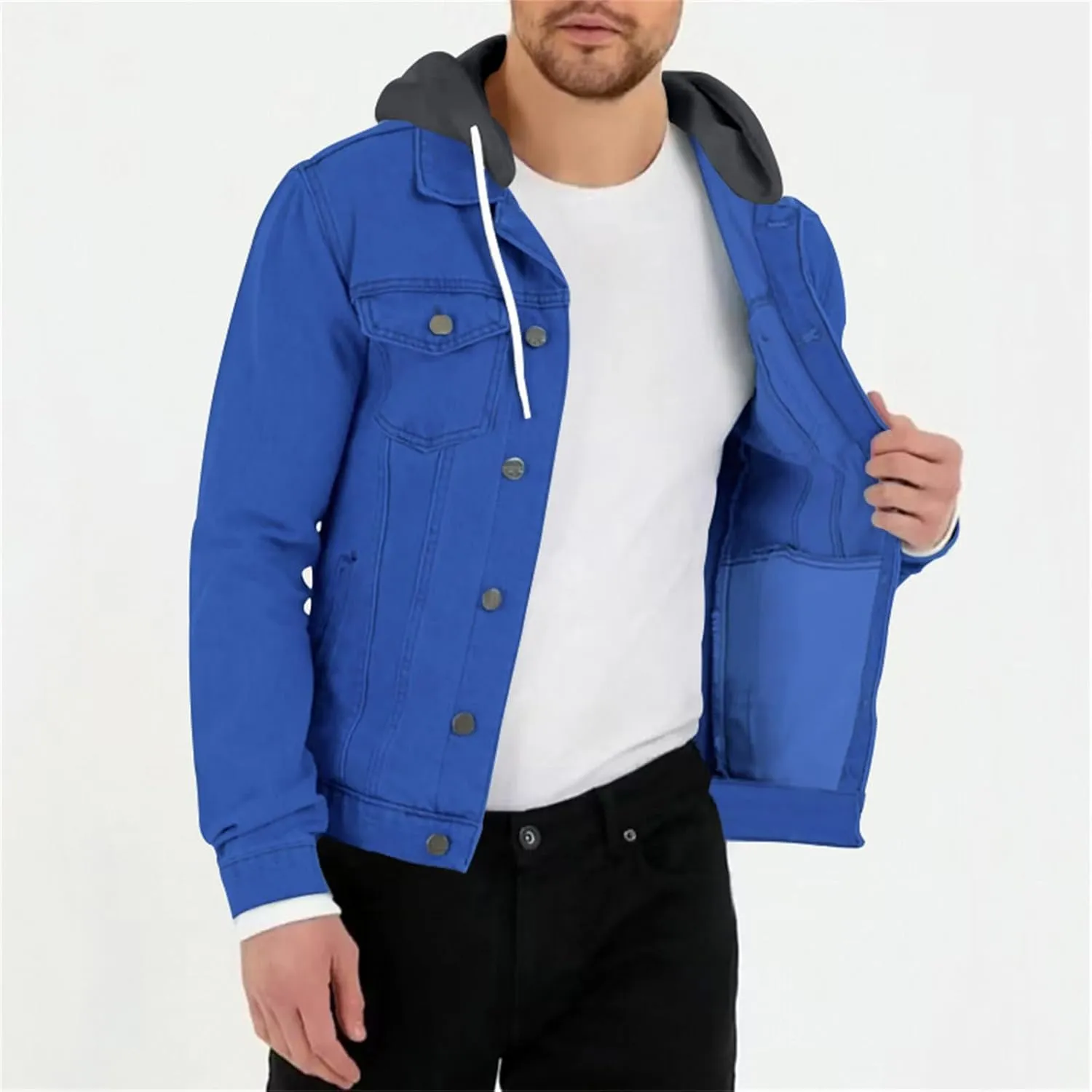 Denim Jacket Men Hoodie Casual Classic Slim Fit Distressed Jean Jacket Long Sleeve Hooded Trucker Jackets Outwear