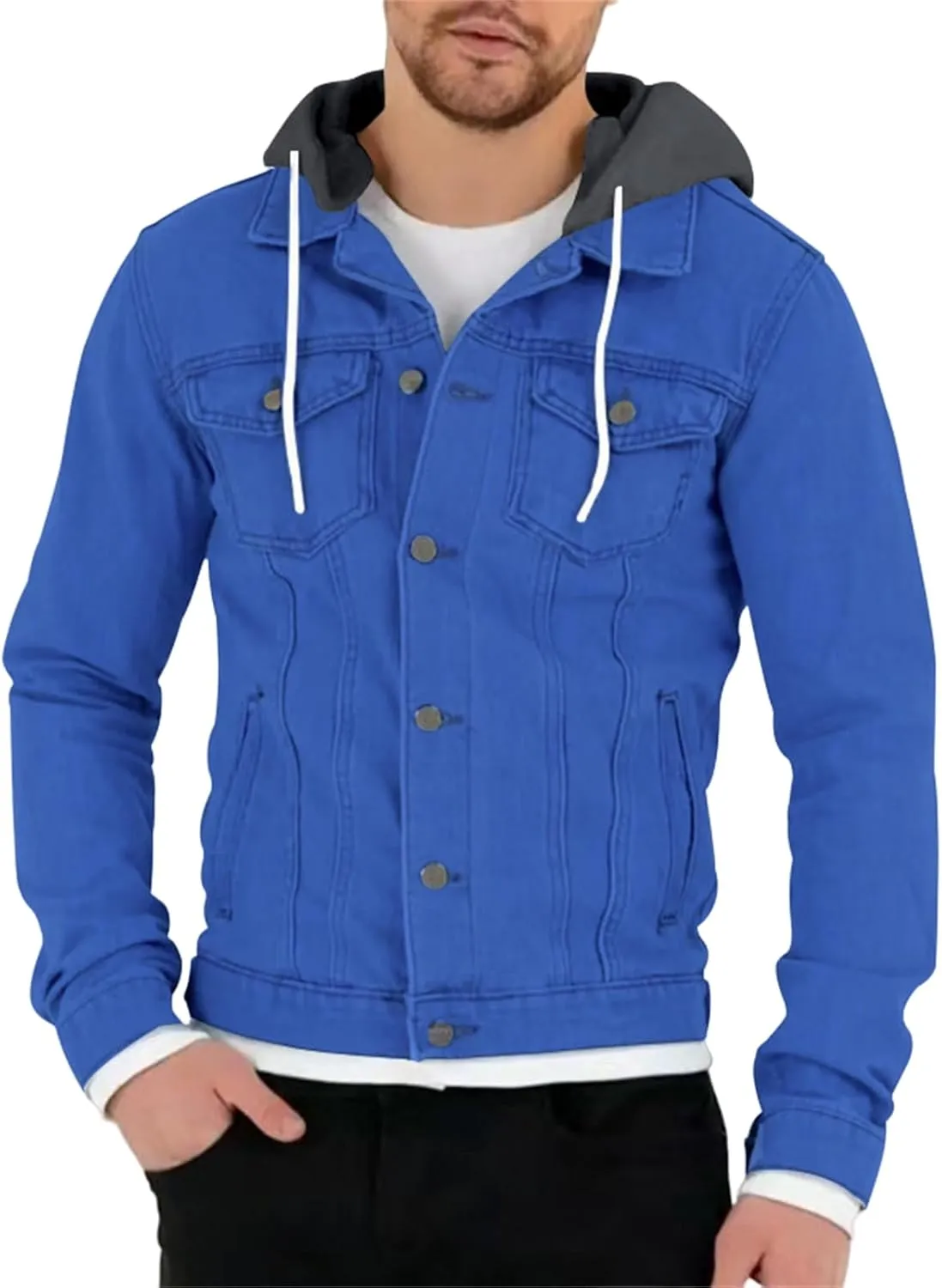 Denim Jacket Men Hoodie Casual Classic Slim Fit Distressed Jean Jacket Long Sleeve Hooded Trucker Jackets Outwear