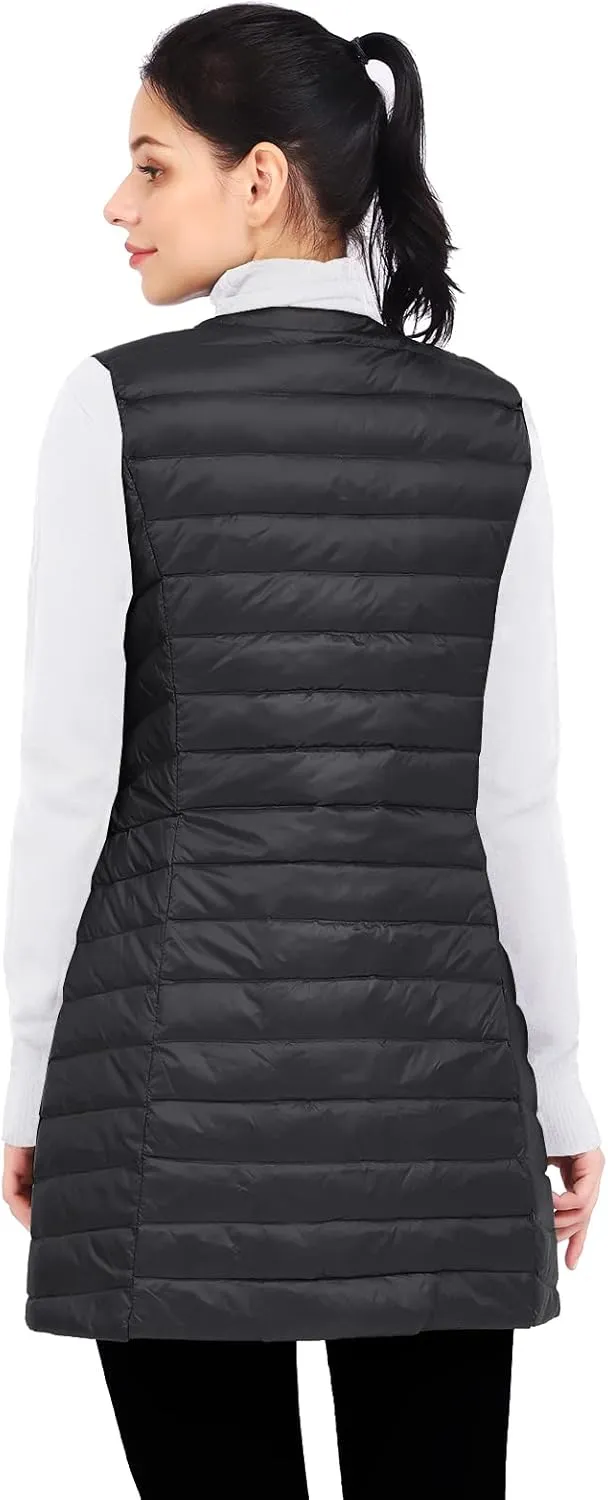 ELFJOY Long Puffer Vest Lightweight Womens Vests Outerwear Button Round Neck Sleeveless Long Down Vest No Collar