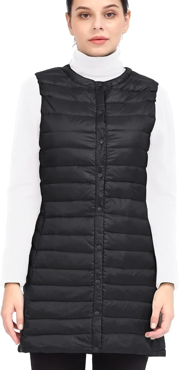 ELFJOY Long Puffer Vest Lightweight Womens Vests Outerwear Button Round Neck Sleeveless Long Down Vest No Collar