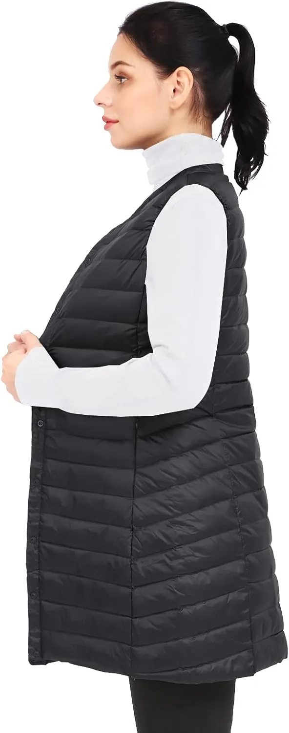 ELFJOY Long Puffer Vest Lightweight Womens Vests Outerwear Button Round Neck Sleeveless Long Down Vest No Collar