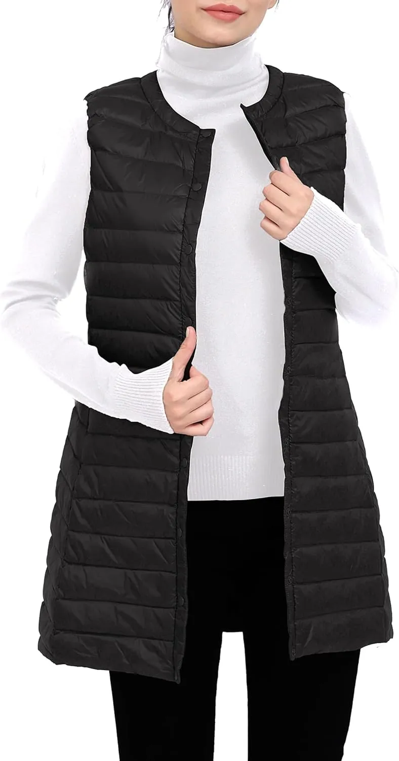 ELFJOY Long Puffer Vest Lightweight Womens Vests Outerwear Button Round Neck Sleeveless Long Down Vest No Collar