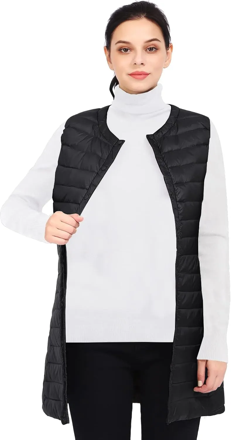ELFJOY Long Puffer Vest Lightweight Womens Vests Outerwear Button Round Neck Sleeveless Long Down Vest No Collar