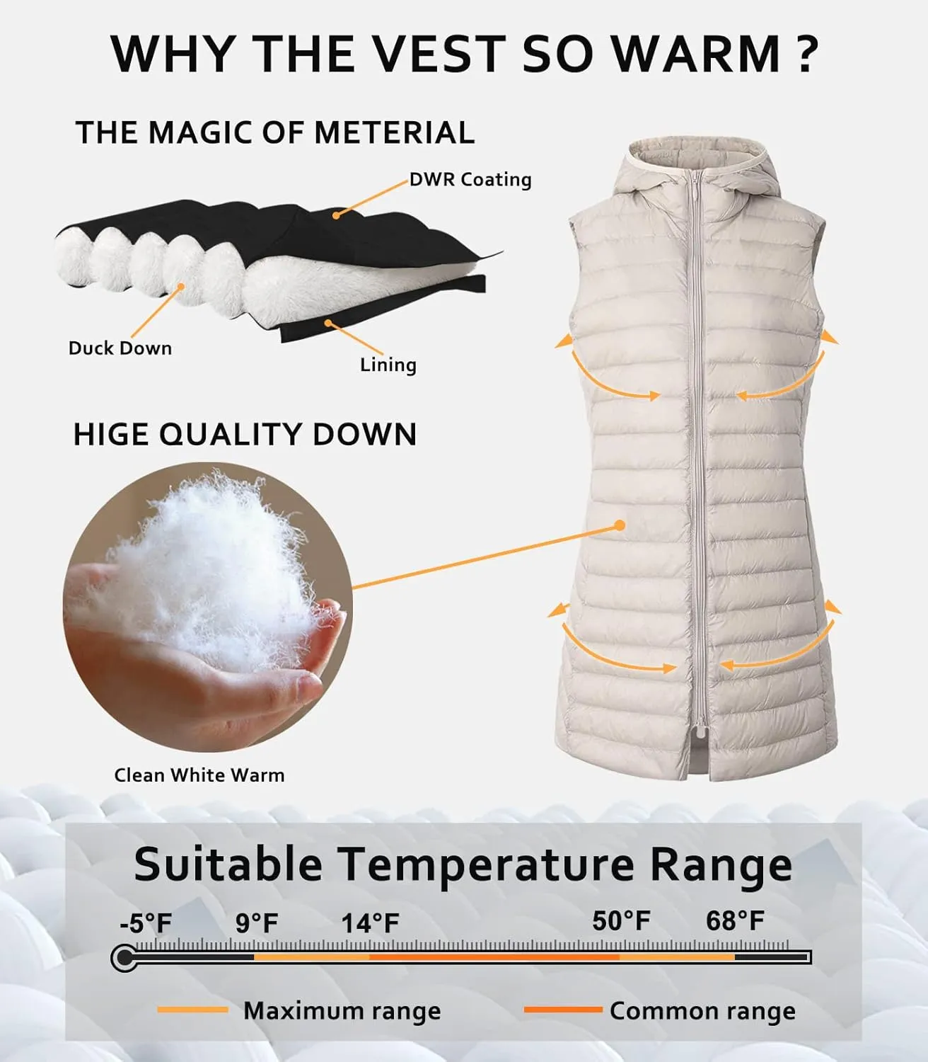 ELFJOY Long Puffer Vest Women Lightweight Down Vest with Hood Winter Warm Womens Vests Outerwear Sleeveless Puffer Jacket