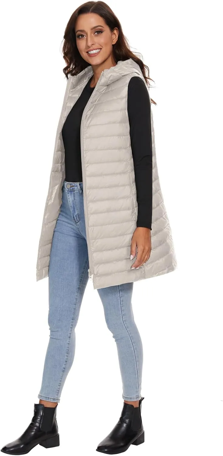 ELFJOY Long Puffer Vest Women Lightweight Down Vest with Hood Winter Warm Womens Vests Outerwear Sleeveless Puffer Jacket