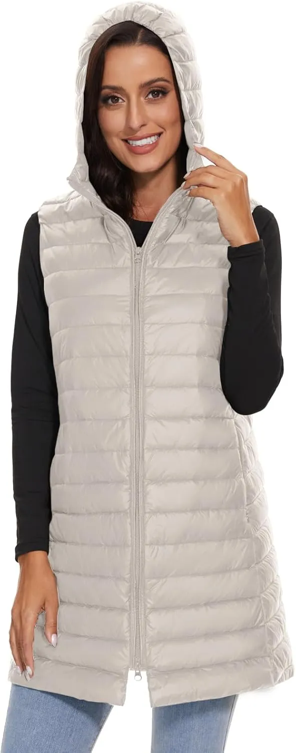 ELFJOY Long Puffer Vest Women Lightweight Down Vest with Hood Winter Warm Womens Vests Outerwear Sleeveless Puffer Jacket