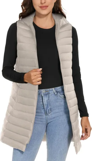 ELFJOY Long Puffer Vest Women Lightweight Down Vest with Hood Winter Warm Womens Vests Outerwear Sleeveless Puffer Jacket