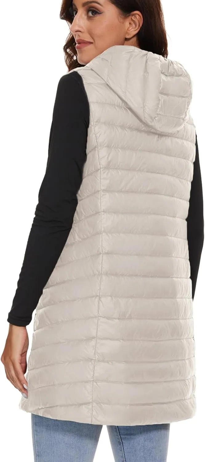 ELFJOY Long Puffer Vest Women Lightweight Down Vest with Hood Winter Warm Womens Vests Outerwear Sleeveless Puffer Jacket
