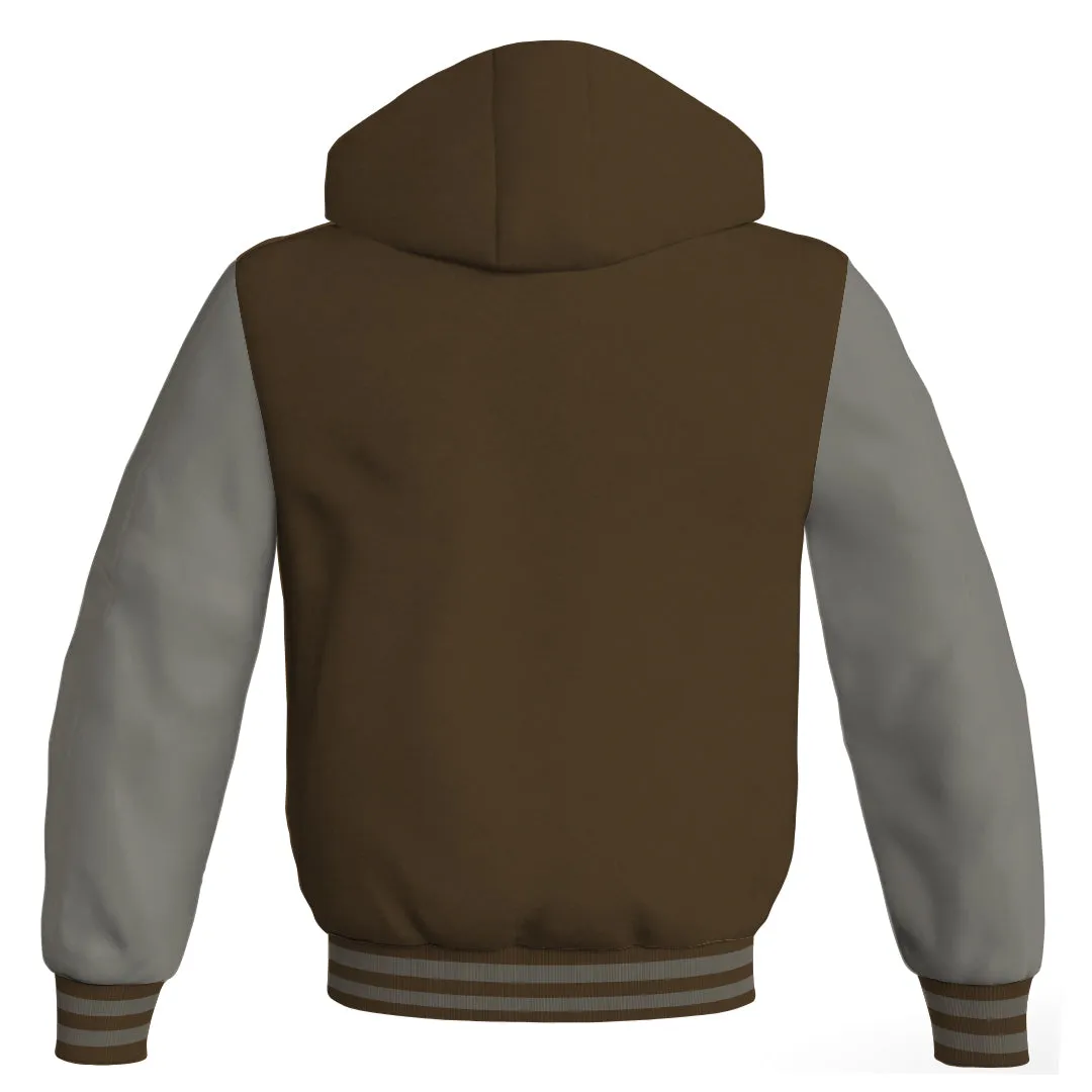 Hooded Bomber Women Brown Body and Gray Leather Sleeves Custom Hoodies
