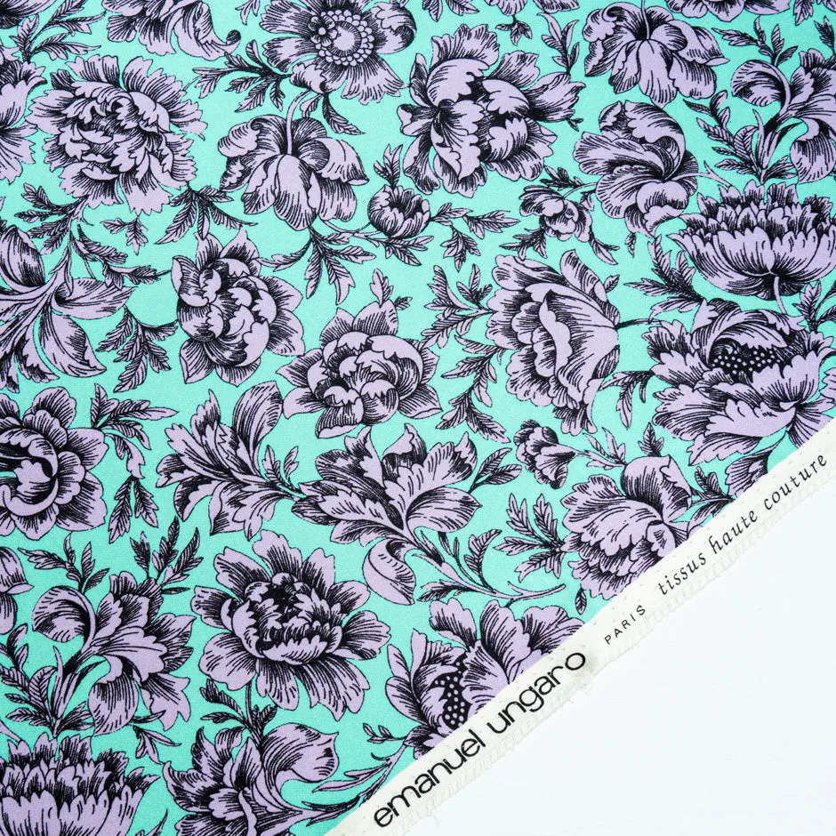 Lavender Floral Printed Mint Double Silk Crêpe