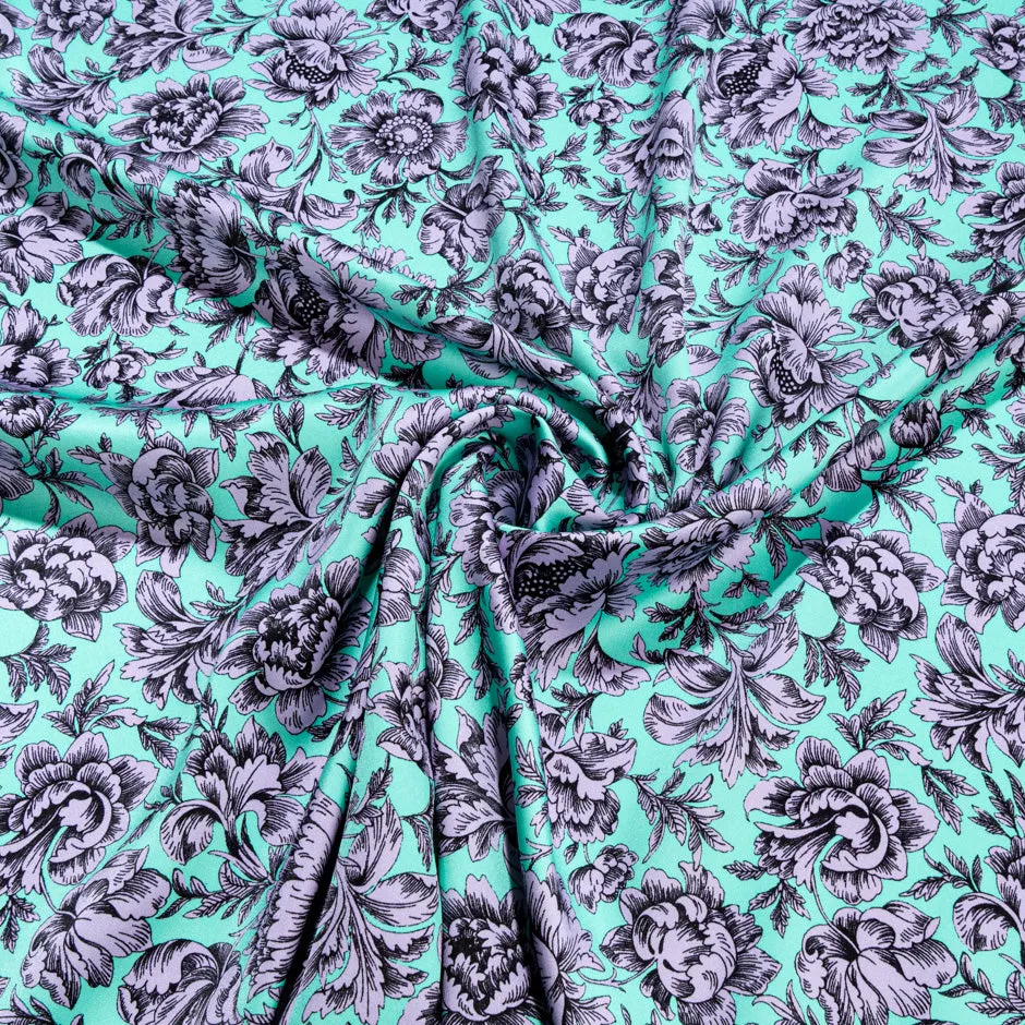 Lavender Floral Printed Mint Double Silk Crêpe