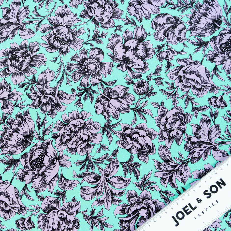 Lavender Floral Printed Mint Double Silk Crêpe