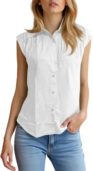 Linen Button Down Shirt Women 2025 Summer Collared Gauze Shirts Cap Sleeve Dress Shirts Business Casual Work Blouses