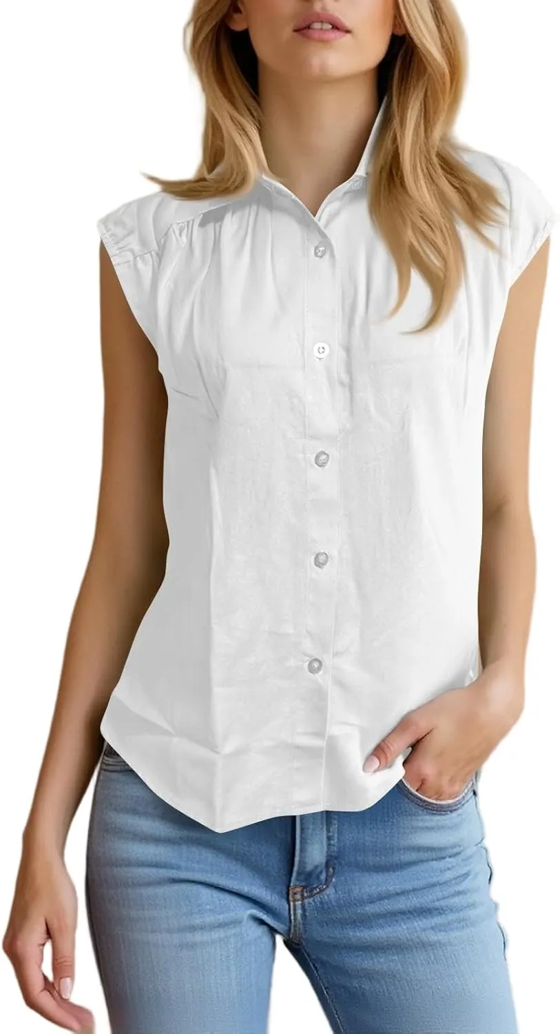 Linen Button Down Shirt Women 2025 Summer Collared Gauze Shirts Cap Sleeve Dress Shirts Business Casual Work Blouses