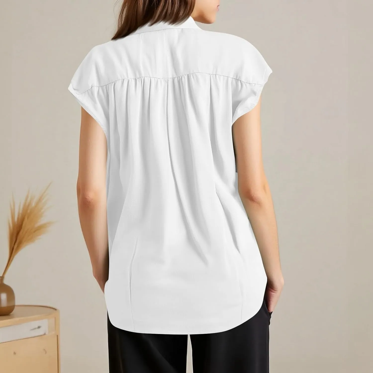 Linen Button Down Shirt Women 2025 Summer Collared Gauze Shirts Cap Sleeve Dress Shirts Business Casual Work Blouses