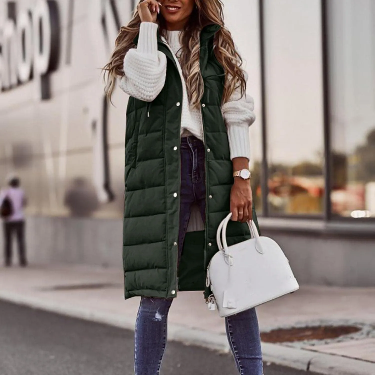Long Puffer Vest for Women Padded Sleeveless Hooded Jackets Winter Warm Puffy Coats Outerwear Vests with Pockets