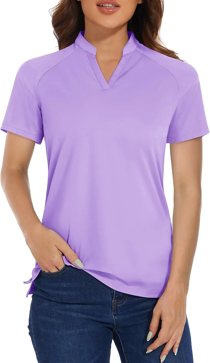 MAGCOMSEN Women's Golf Polo Shirts UPF 50 V Neck Collarless Short Sleeve Shirts Quick Dry Tennis T-Shirts