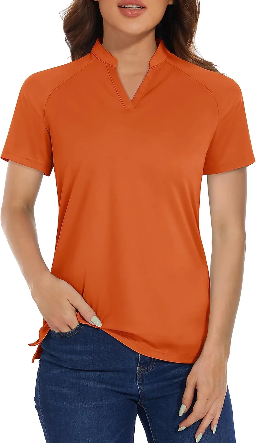 MAGCOMSEN Women's Golf Polo Shirts UPF 50 V Neck Collarless Short Sleeve Shirts Quick Dry Tennis T-Shirts
