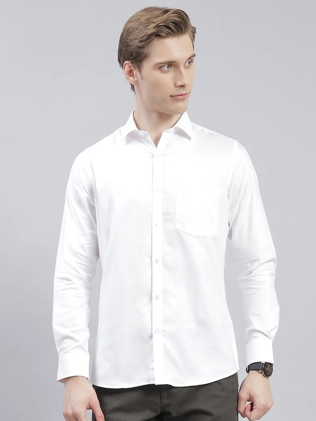 Men White Solid Collar Full Sleeve Shirts