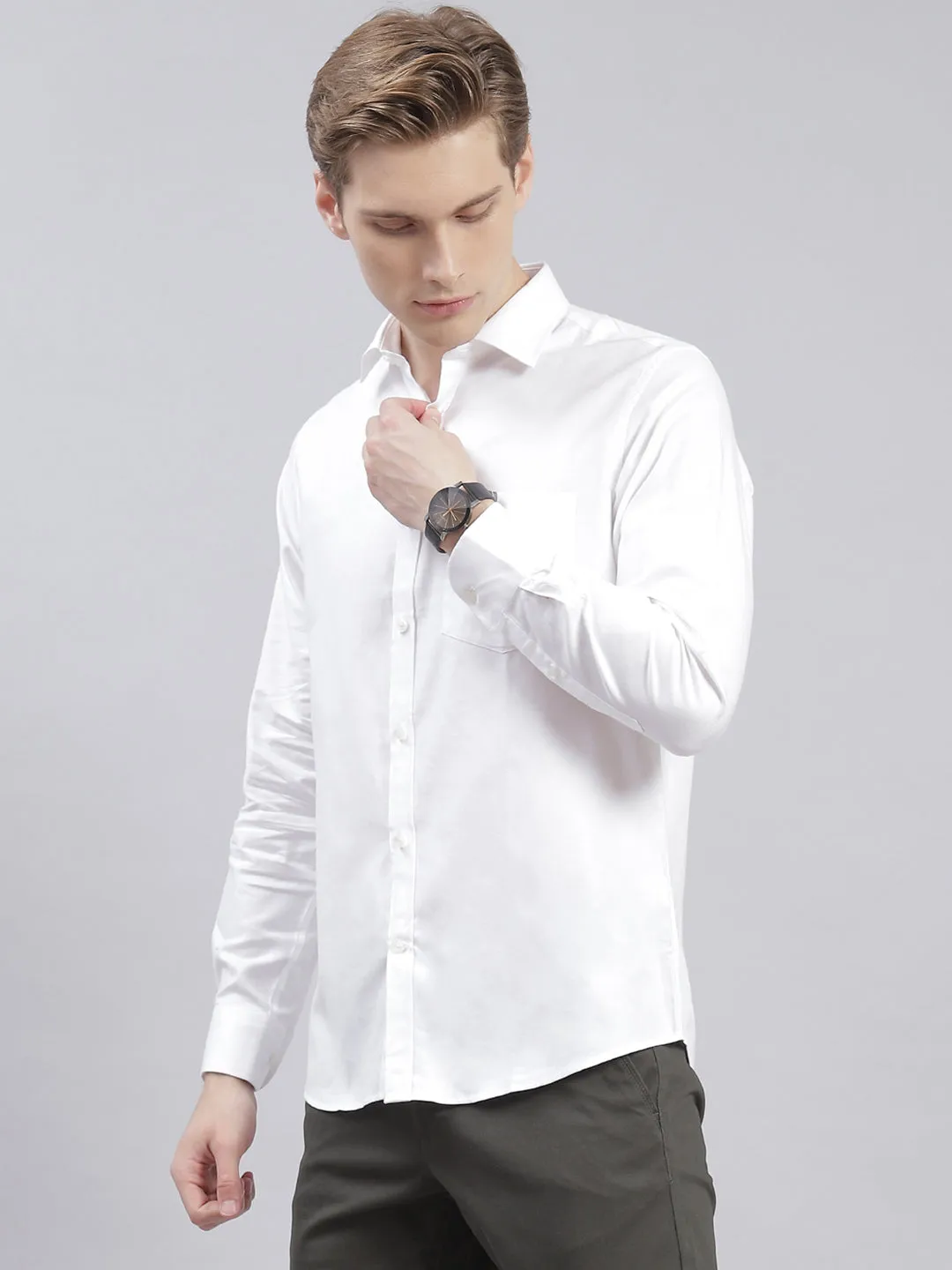 Men White Solid Collar Full Sleeve Shirts