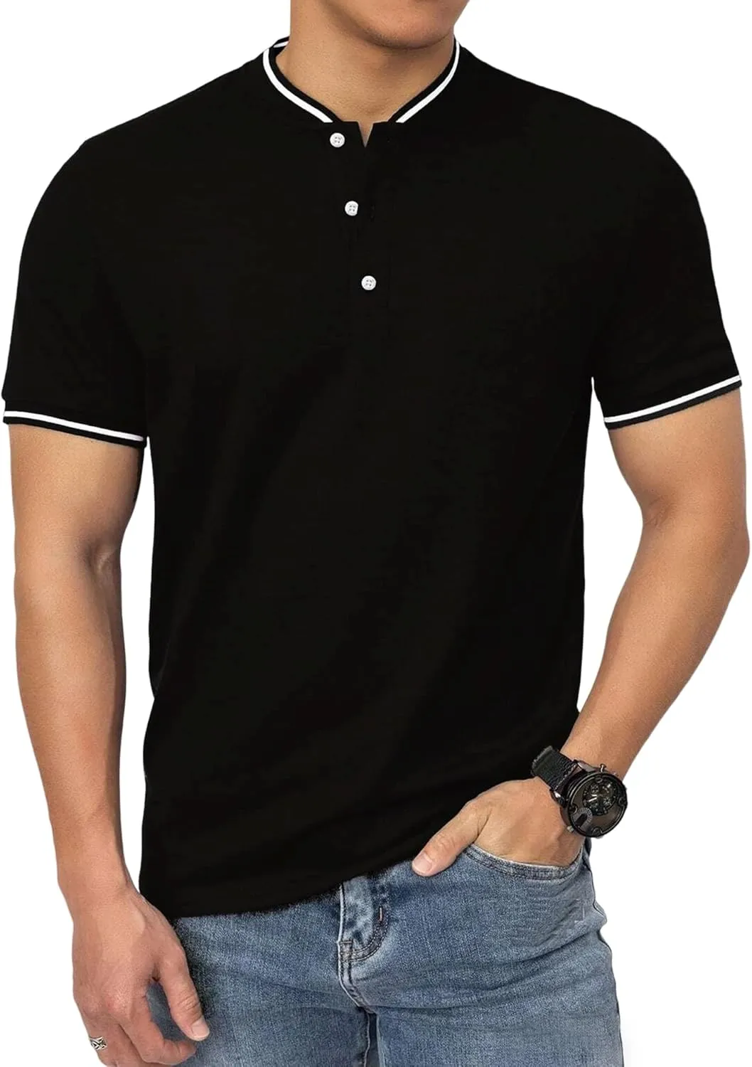 Men's Polo Shirts Casual Short Sleeve Cotton Pique Polo T Shirts Classic Collarless Golf Shirts for Men