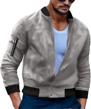 Mens Suede Bomber Jacket Lightweight Classic Fit Snap Button Down Varsity Coat Casual Spring Fall Windbreaker