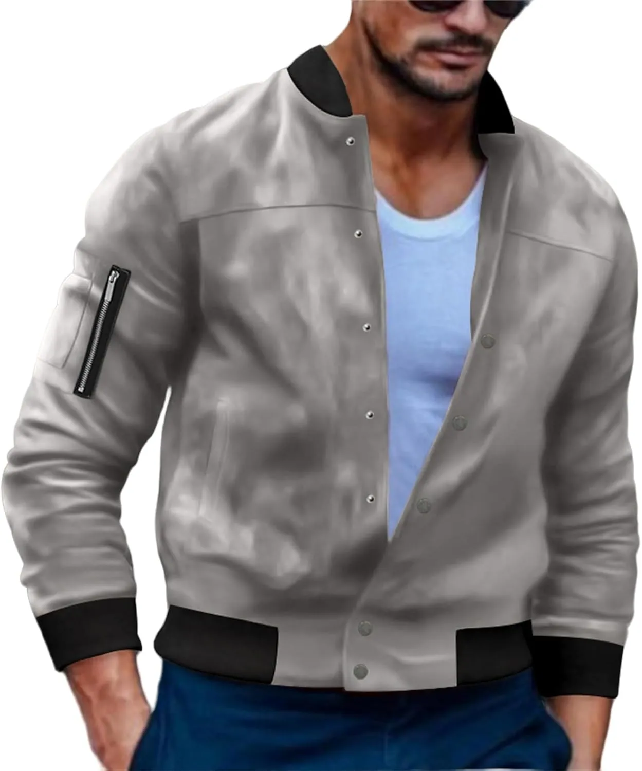 Mens Suede Bomber Jacket Lightweight Classic Fit Snap Button Down Varsity Coat Casual Spring Fall Windbreaker