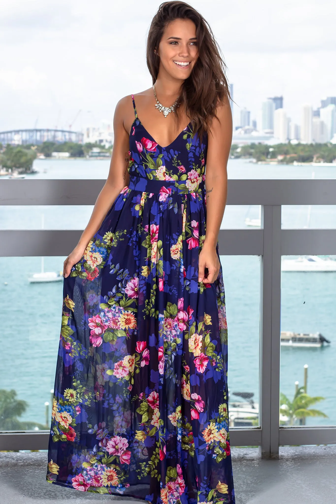 Navy Floral Printed V-Neck Maxi Dress