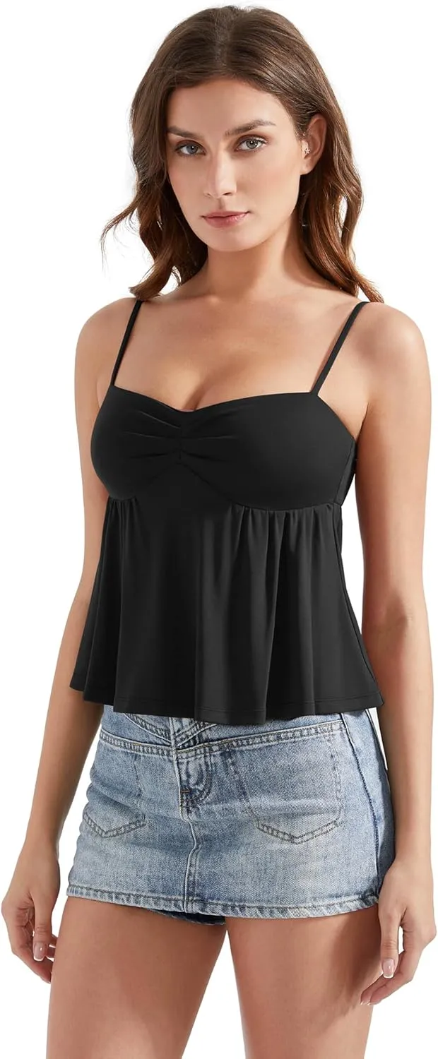 OMKAGI Cute Peplum Camisole Tops for Women Built in Bra Sleeveless Going Out Tank Top