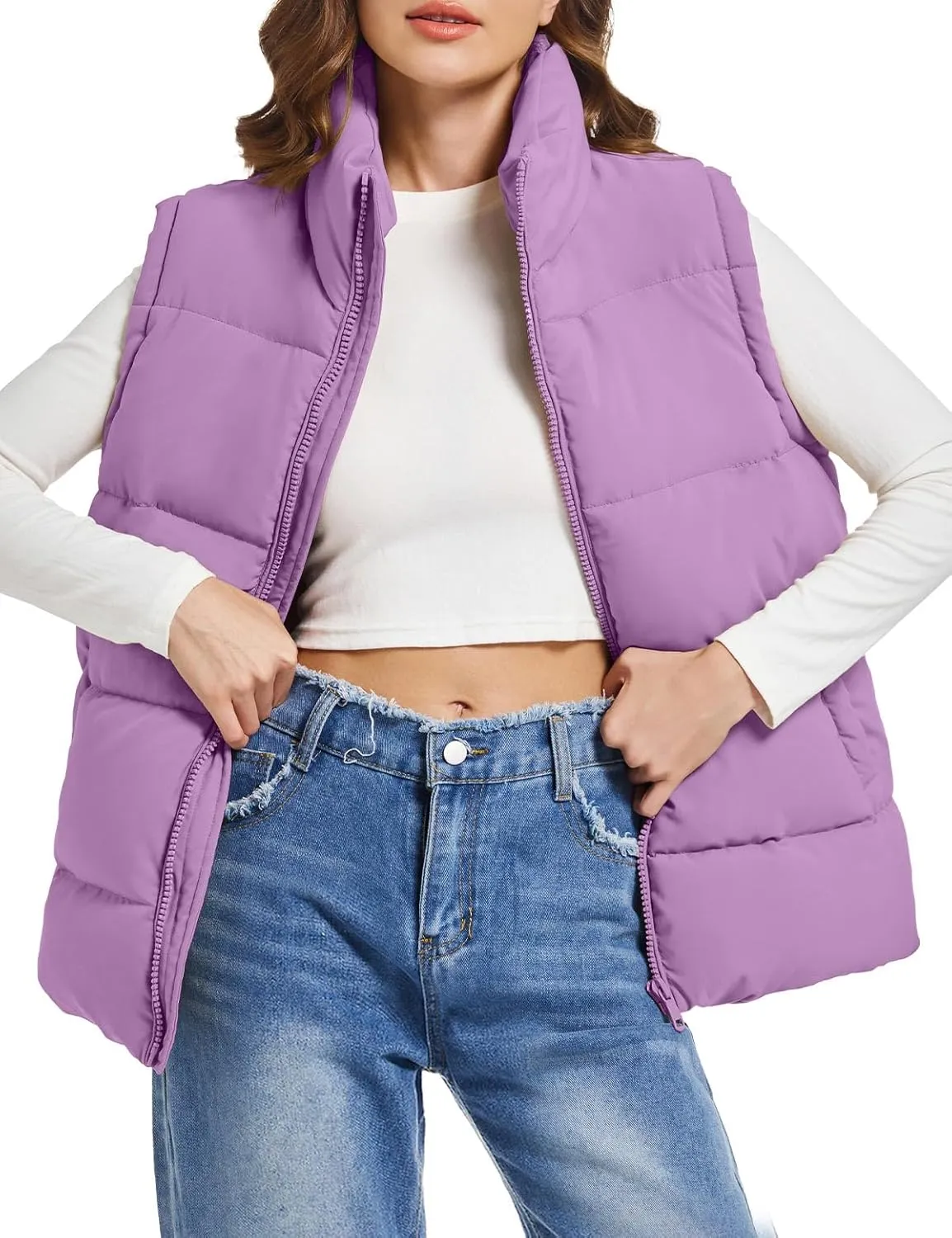 Polu Puffer Vest Women Zip Up Stand Collar Sleeveless Down Vests Oversized Padded Gilet Jacket