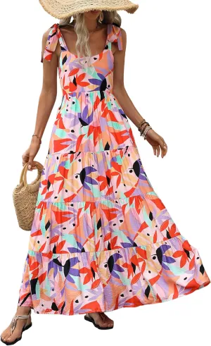 PRETTYGARDEN Women Dresses 2025 Summer Floral Sleeveless Maxi Dress Casual Spaghetti Strap Tiered Flowy Beach Long Dress