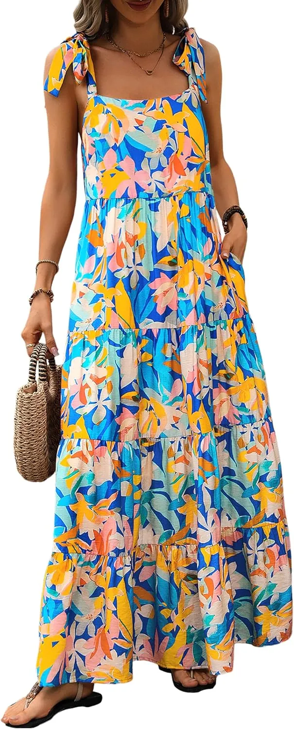 PRETTYGARDEN Women Dresses 2025 Summer Floral Sleeveless Maxi Dress Casual Spaghetti Strap Tiered Flowy Beach Long Dress