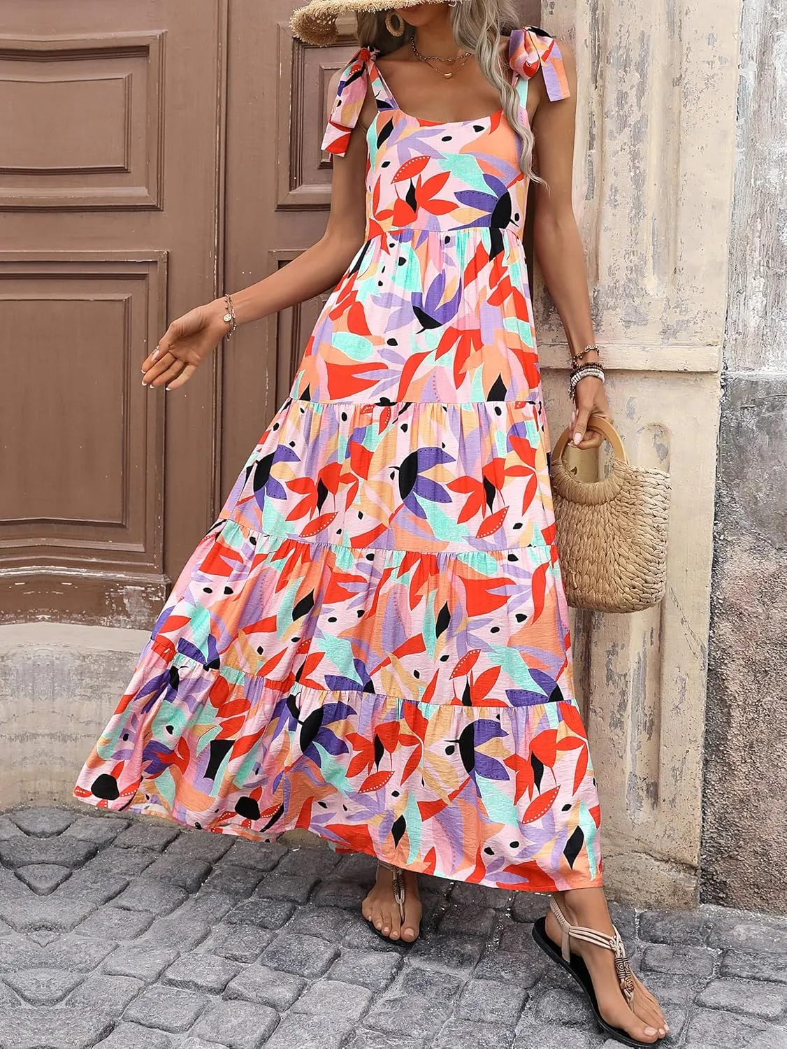 PRETTYGARDEN Women Dresses 2025 Summer Floral Sleeveless Maxi Dress Casual Spaghetti Strap Tiered Flowy Beach Long Dress